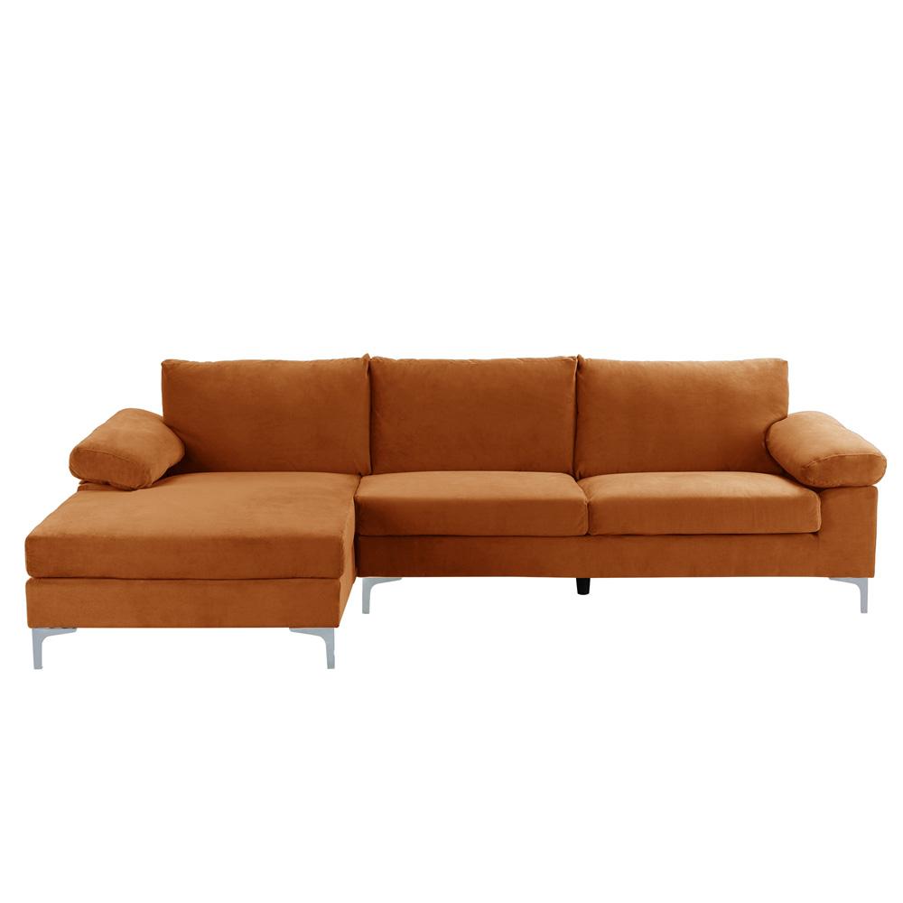 Canapé d'angle 5 places tissu velours camel (photo) Canapé d'angle 5 places tissu velours camel