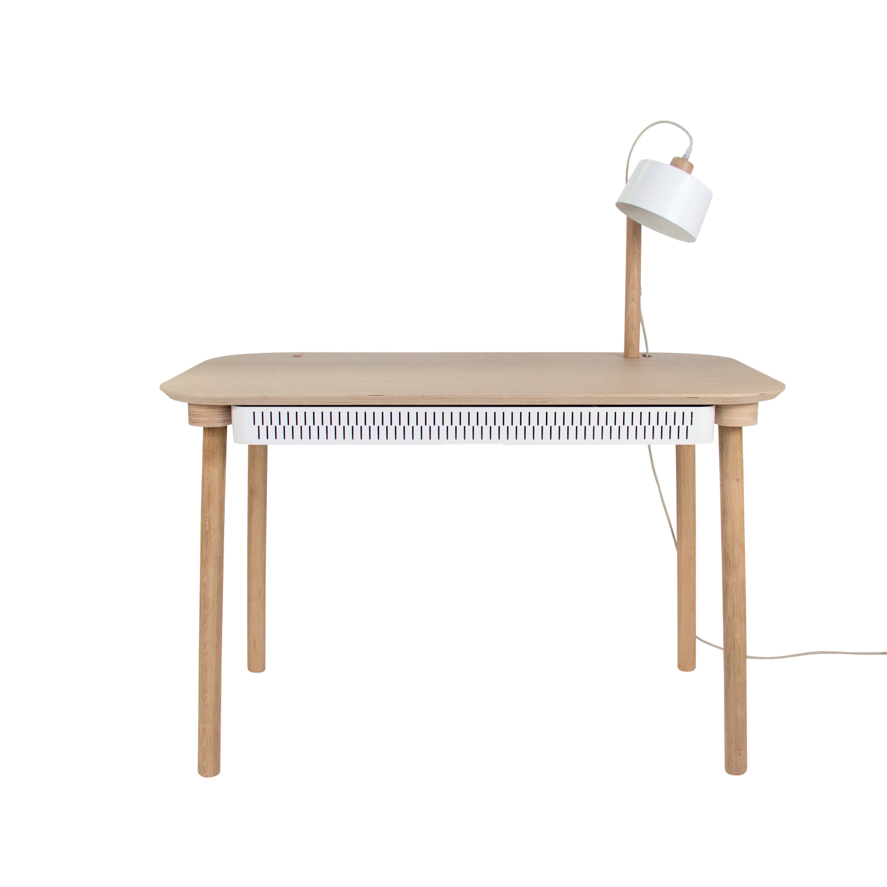 Bureau en chêne avec lampe et tiroir en métal blanc