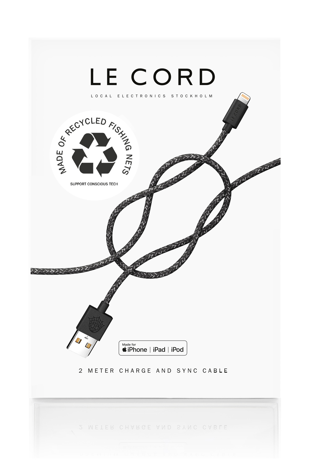 Câble certifié Apple fait de filets de pêche recyclés noir L200cm Câble certifié Apple fait de filets de pêche recyclés noir L200cm
