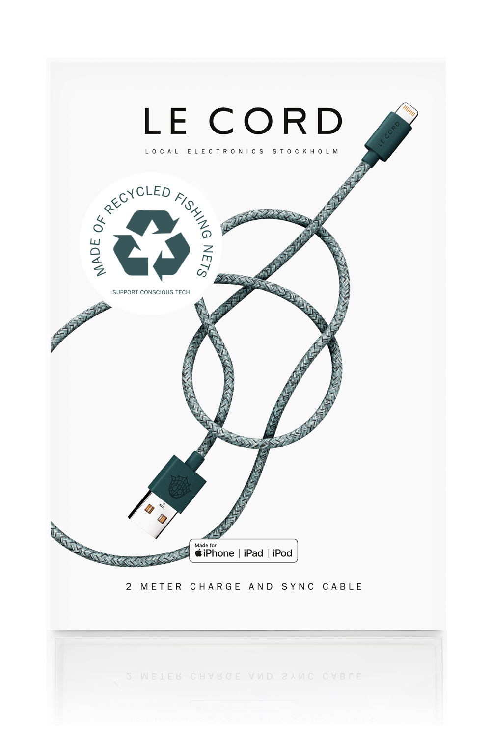 Câble certifié Apple fait de filets de pêche recyclés vert L200cm Câble certifié Apple fait de filets de pêche recyclés vert L200cm