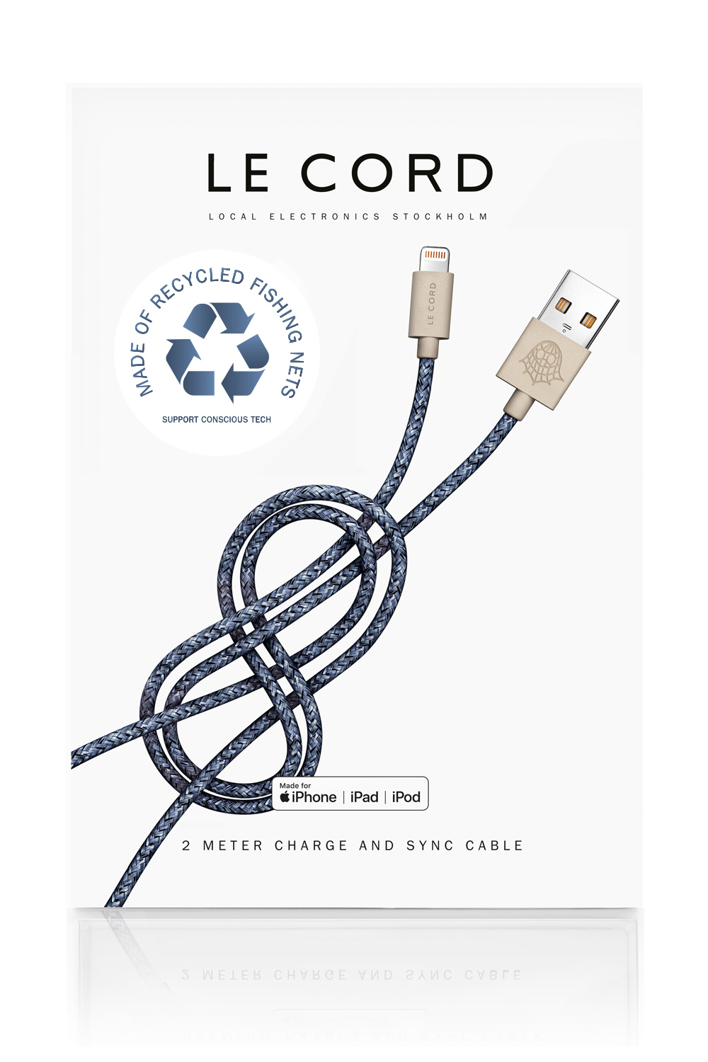Câble certifié Apple fait de filets de pêche recyclés bleu L200cm Câble certifié Apple fait de filets de pêche recyclés bleu L200cm