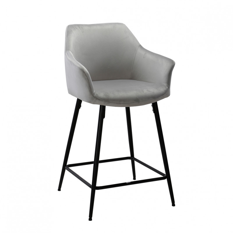 Chaise haute de bar en velours gris clair et pieds métal