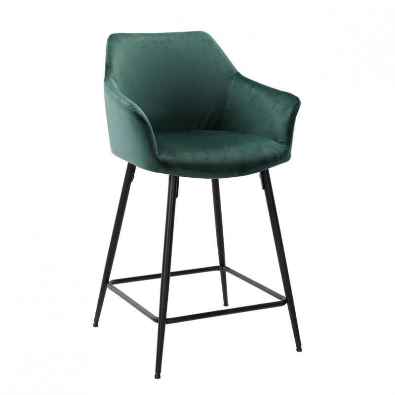 Chaise haute de bar en velours vert et piétement métal noir
