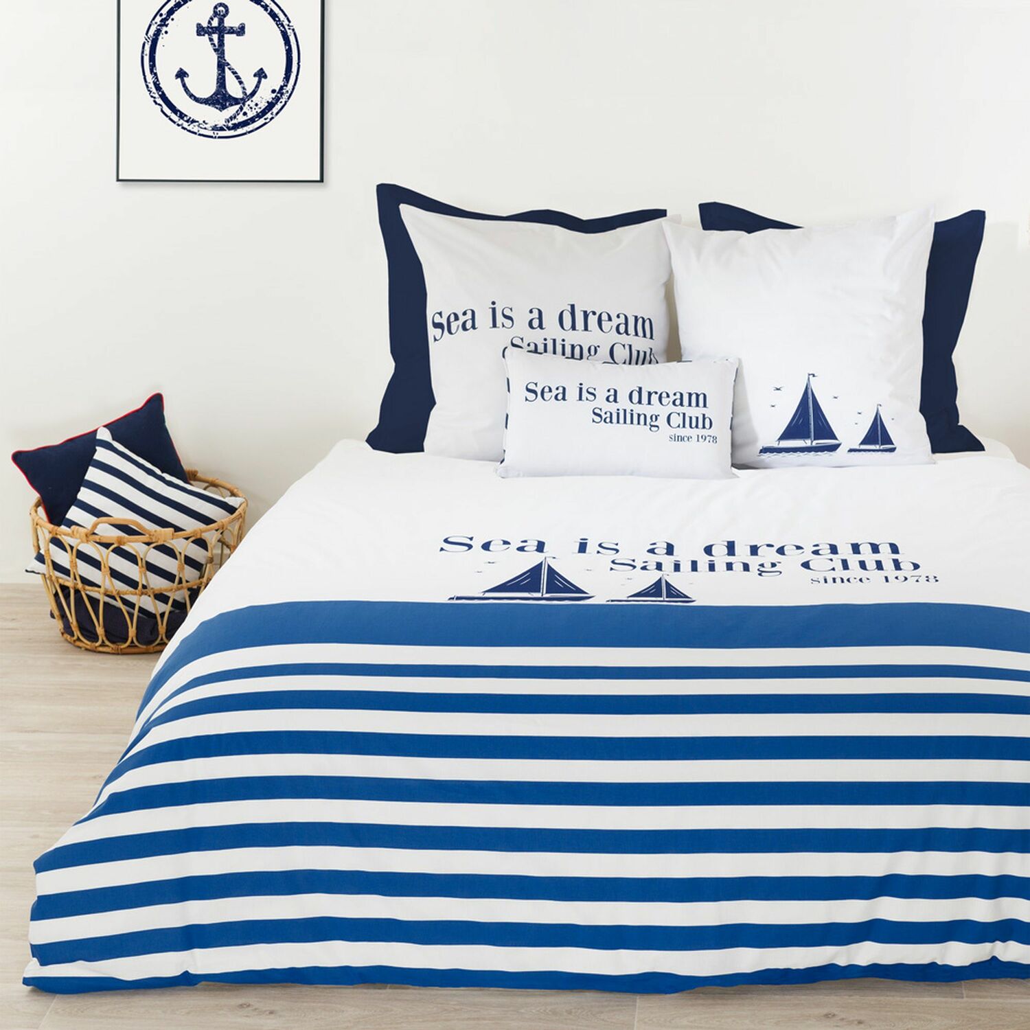 Parure de housse de couette coton bleu 220x240 cm