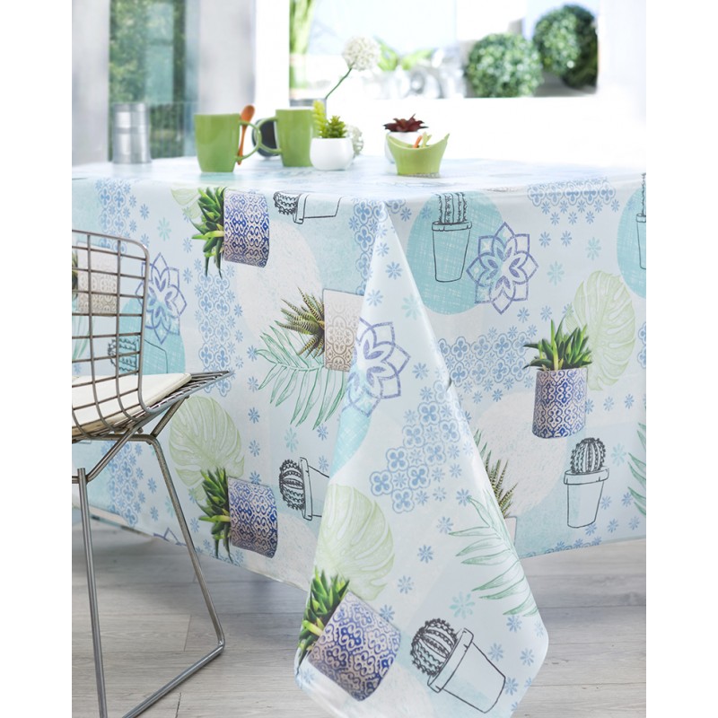 Nappe en coton enduit PVC bleu 160x350 cm (photo) Nappe en coton enduit PVC bleu 160x350 cm