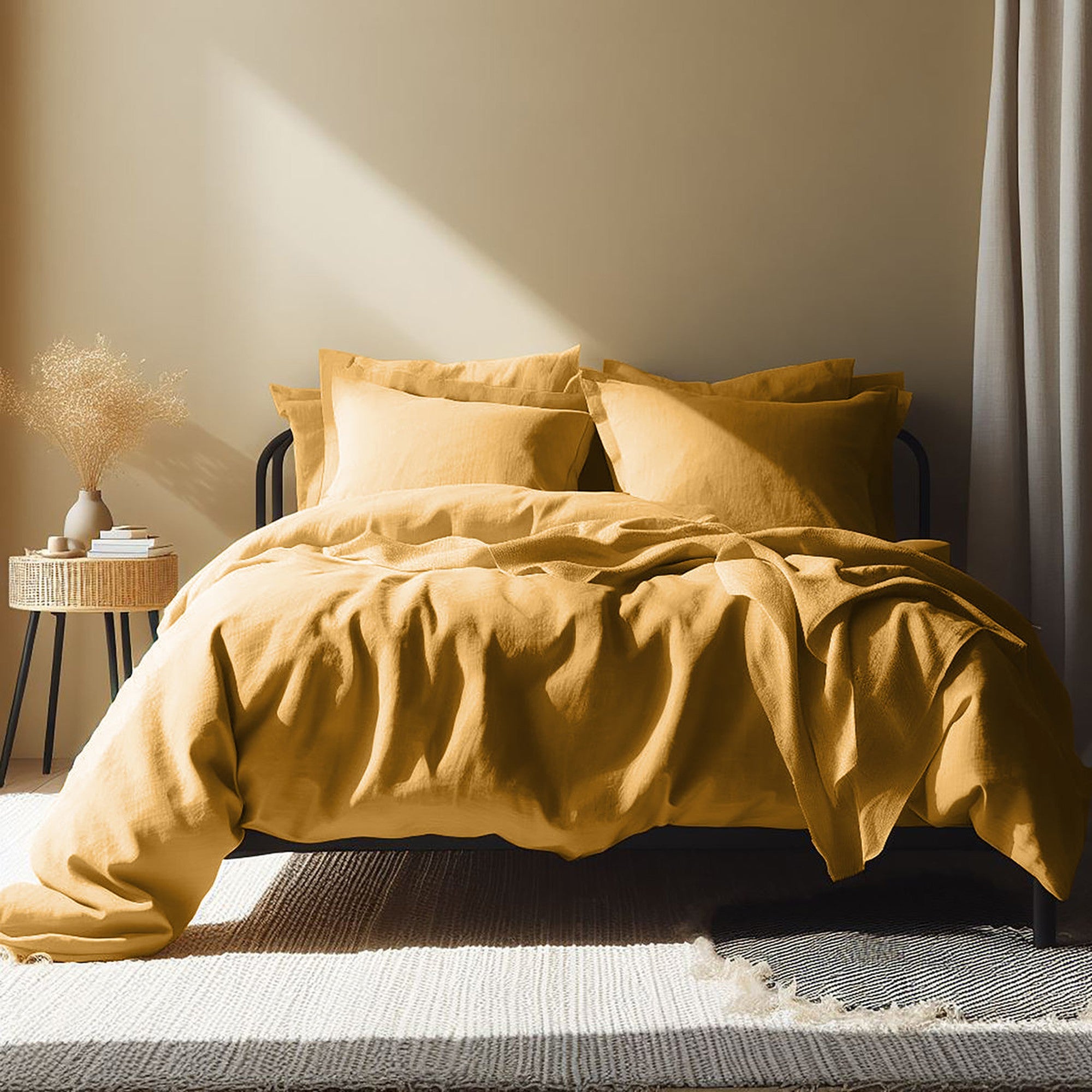 Housse de couette en lin lavé 200x200 Jaune safran Housse de couette en lin lavé 200x200 Jaune safran