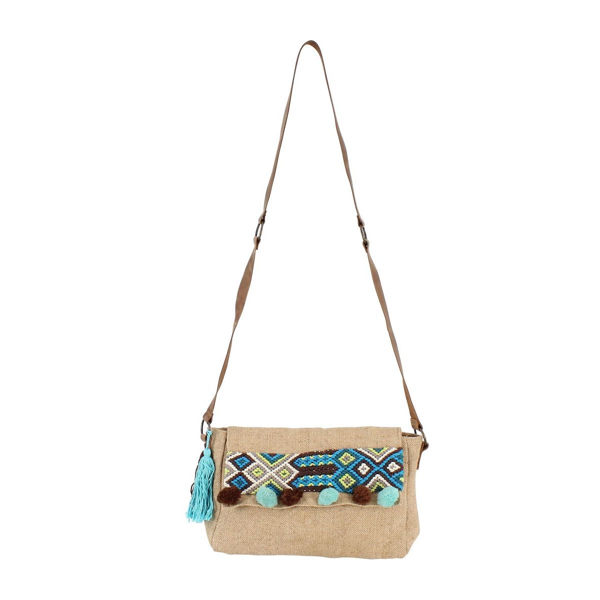 Sac à main bleu en jute avec pompons (photo) Sac à main bleu en jute avec pompons
