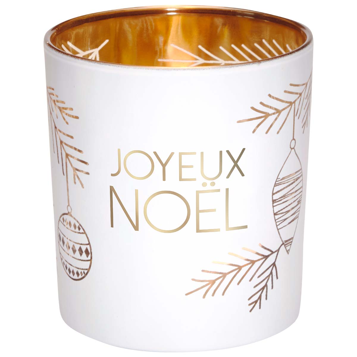 Photophore en verre blanc et or joyeux noël motif boules de Noël Photophore en verre blanc et or joyeux noël motif boules de Noël