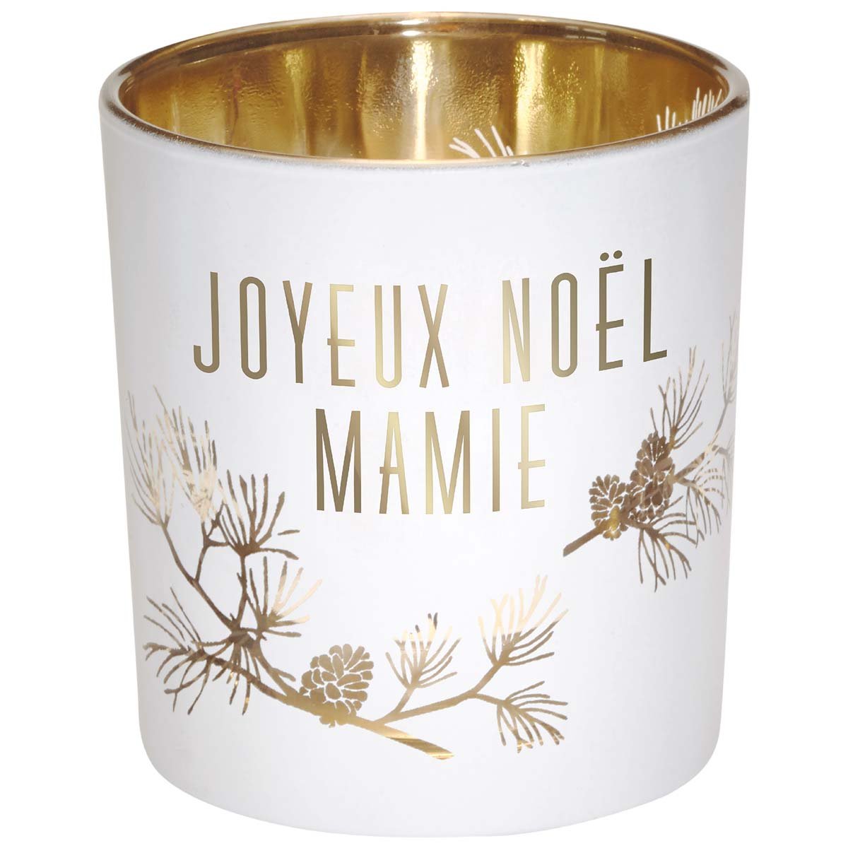 Photophore en verre blanc et or joyeux Noël mamie Photophore en verre blanc et or joyeux Noël mamie