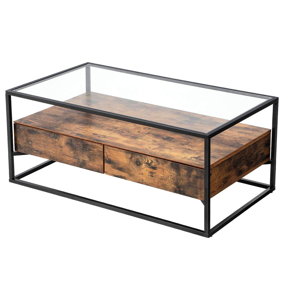 Table basse 2 tiroirs verre trempé effet bois foncé noir