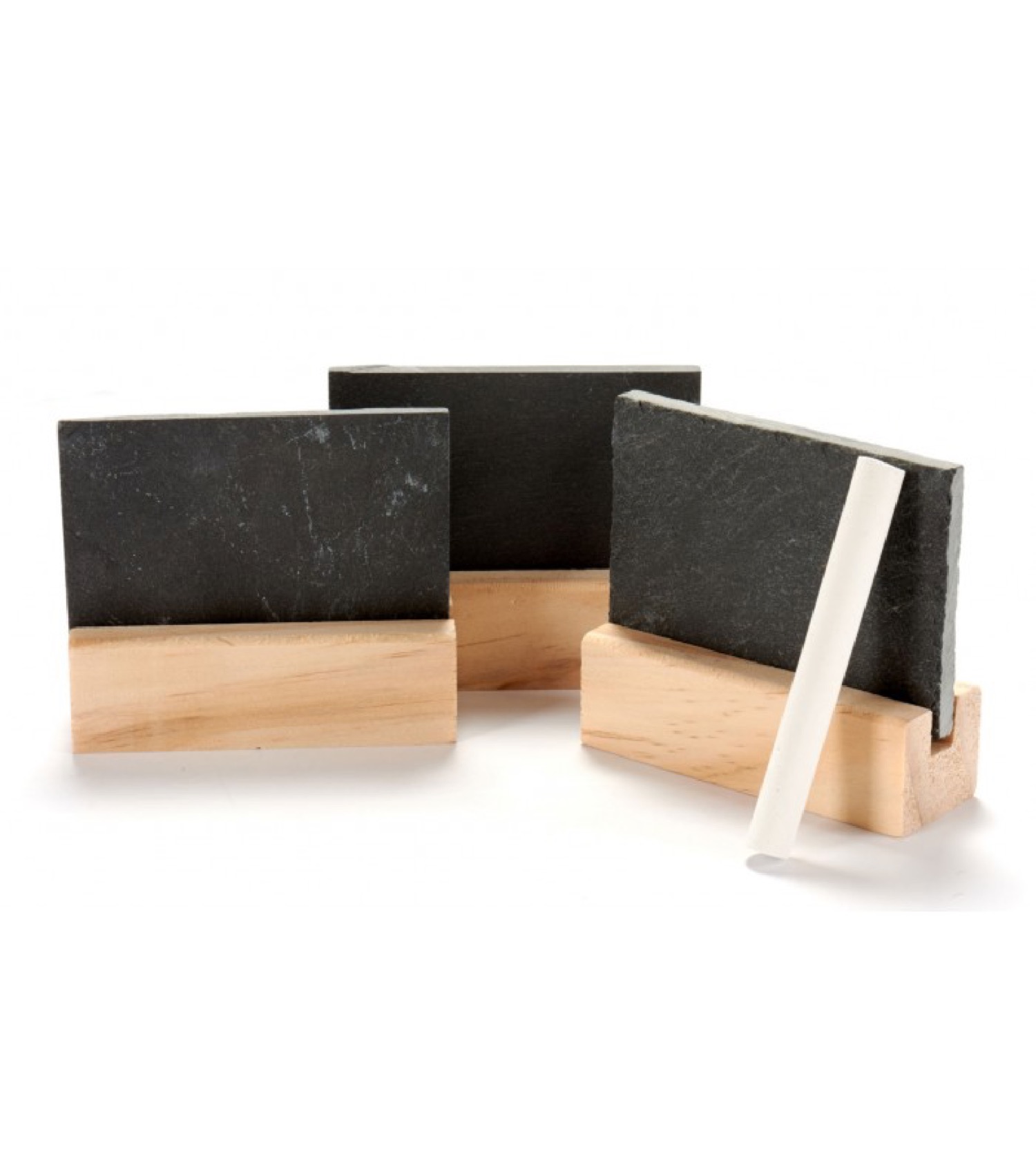 Set de 3 ardoises de table avec support en bois + craie (photo) Set de 3 ardoises de table avec support en bois + craie