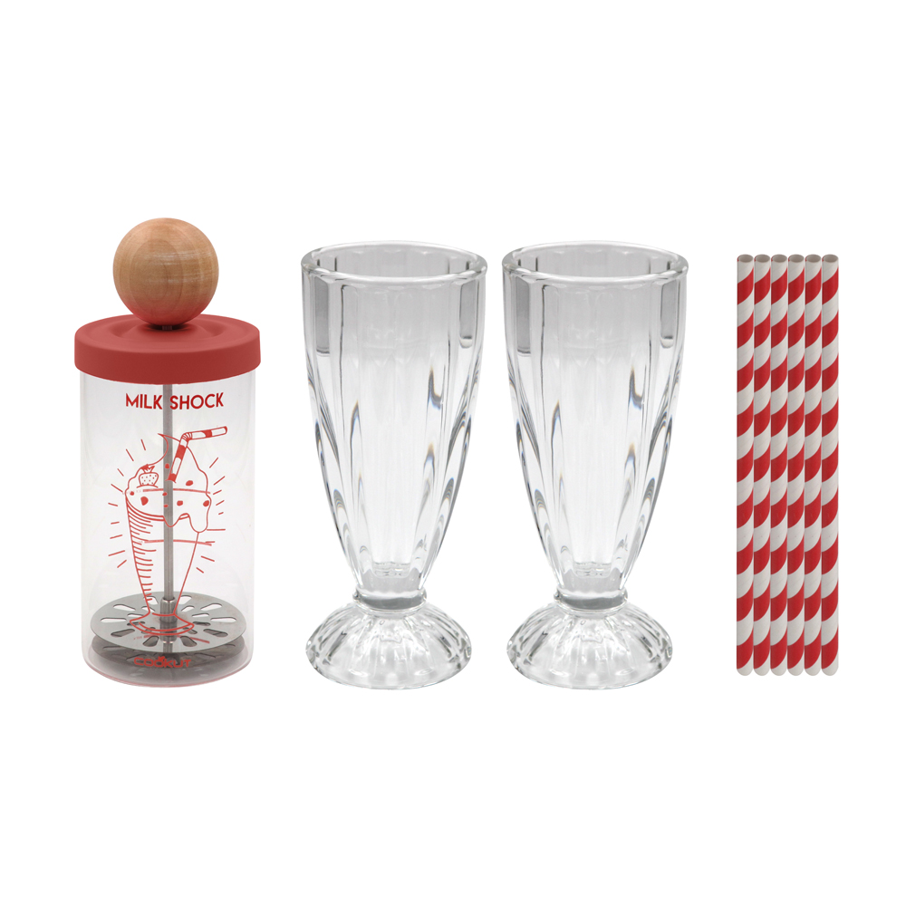 Shaker à milkshake et 2 verres et pailles (photo) Shaker à milkshake et 2 verres et pailles