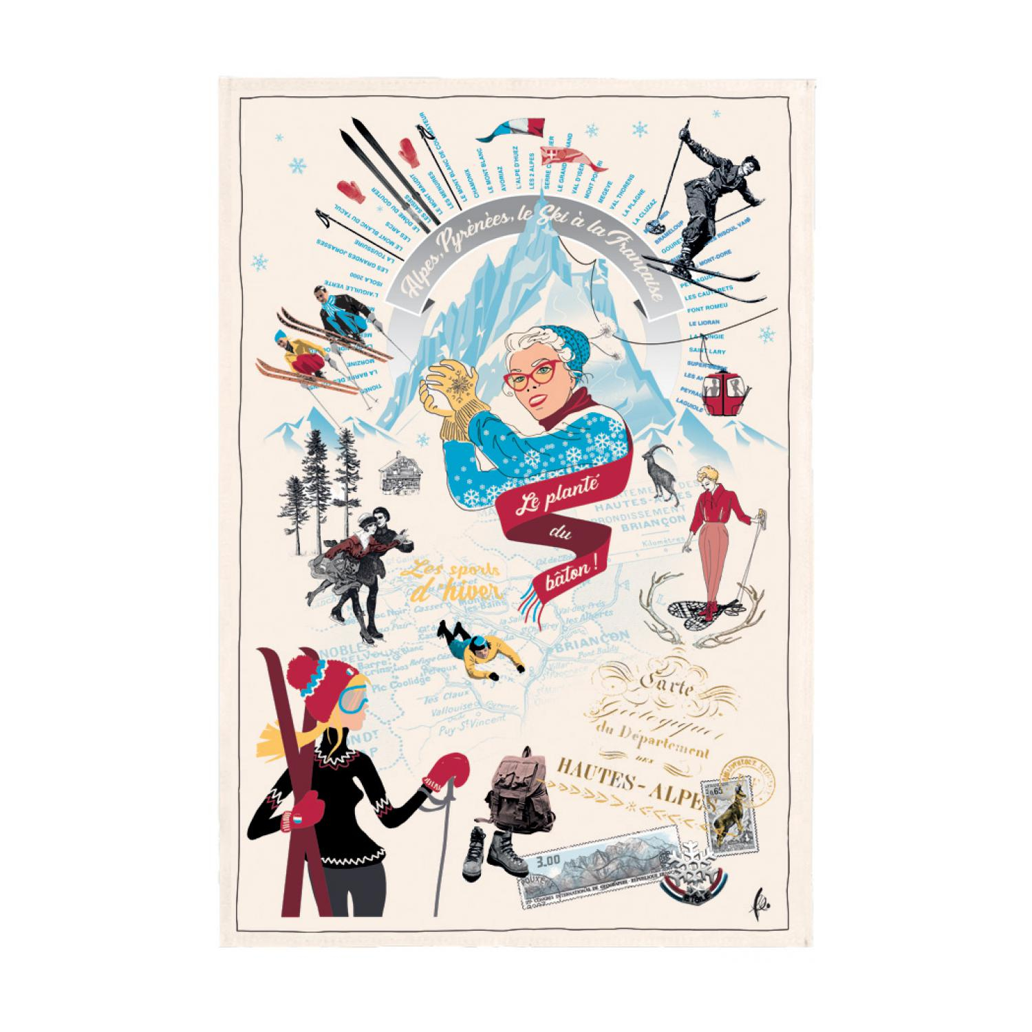 Torchon imprimé Les sports d'hiver en coton ecru 48 x 72 Torchon imprimé Les sports d'hiver en coton ecru 48 x 72