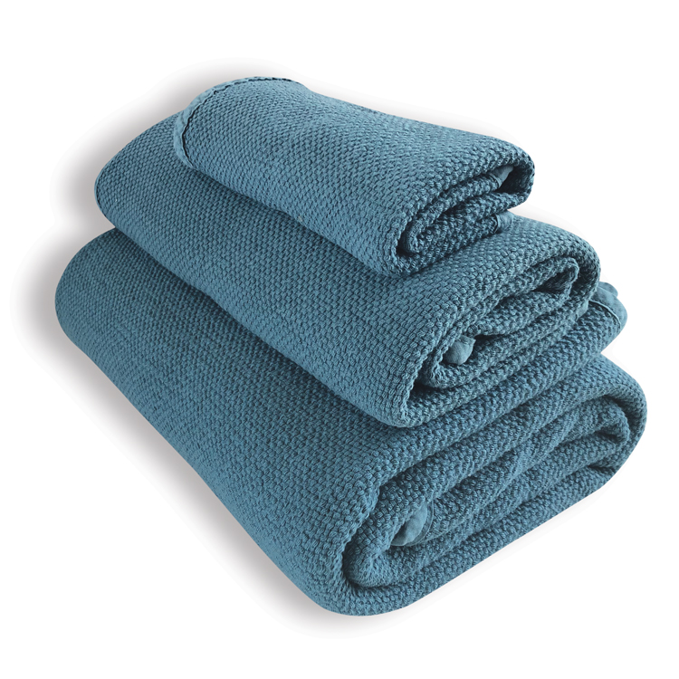 Serviette de bain coton lavé bleu canard 50x100