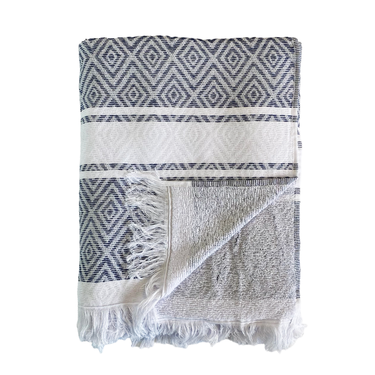 Fouta doublée éponge avec franges bleue marine chevron 90x160 Fouta doublée éponge avec franges bleue marine chevron 90x160