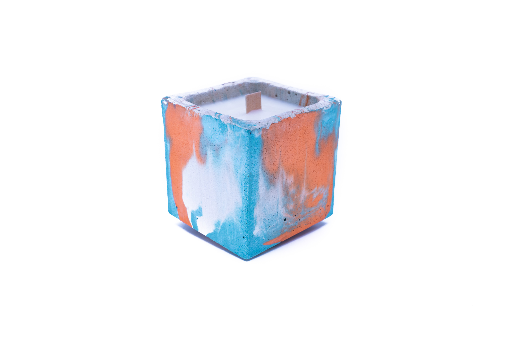 Bougie béton coloré marbré turquoise et orange fleur oranger Bougie béton coloré marbré turquoise et orange fleur oranger
