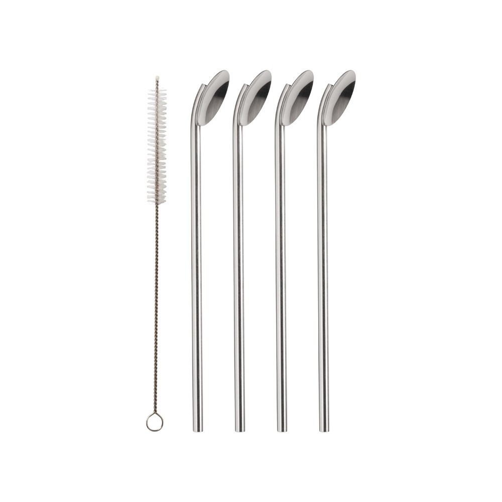 Lot de 4 pailles cuillères en inox avec goupillon (photo) Lot de 4 pailles cuillères en inox avec goupillon