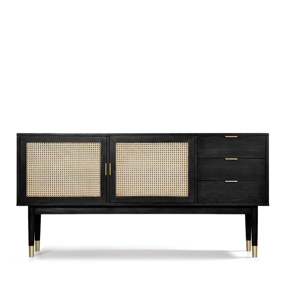 Buffet 2 portes 3 tiroirs bois et cannage noir Buffet 2 portes 3 tiroirs bois et cannage noir