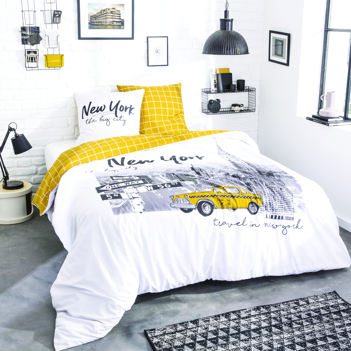 Parure de lit imprimée en coton jaune 200x200