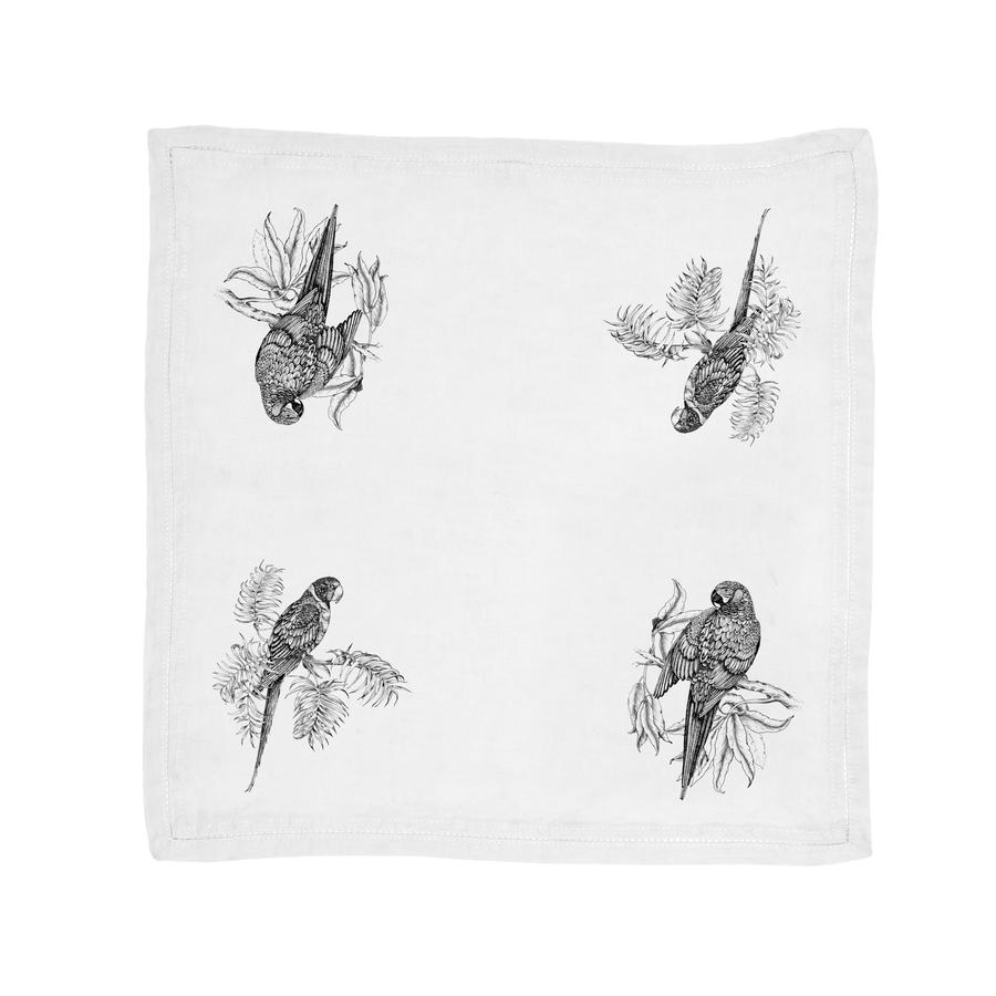serviette de table  lin pur lavé perroquet blanc noir 45x45