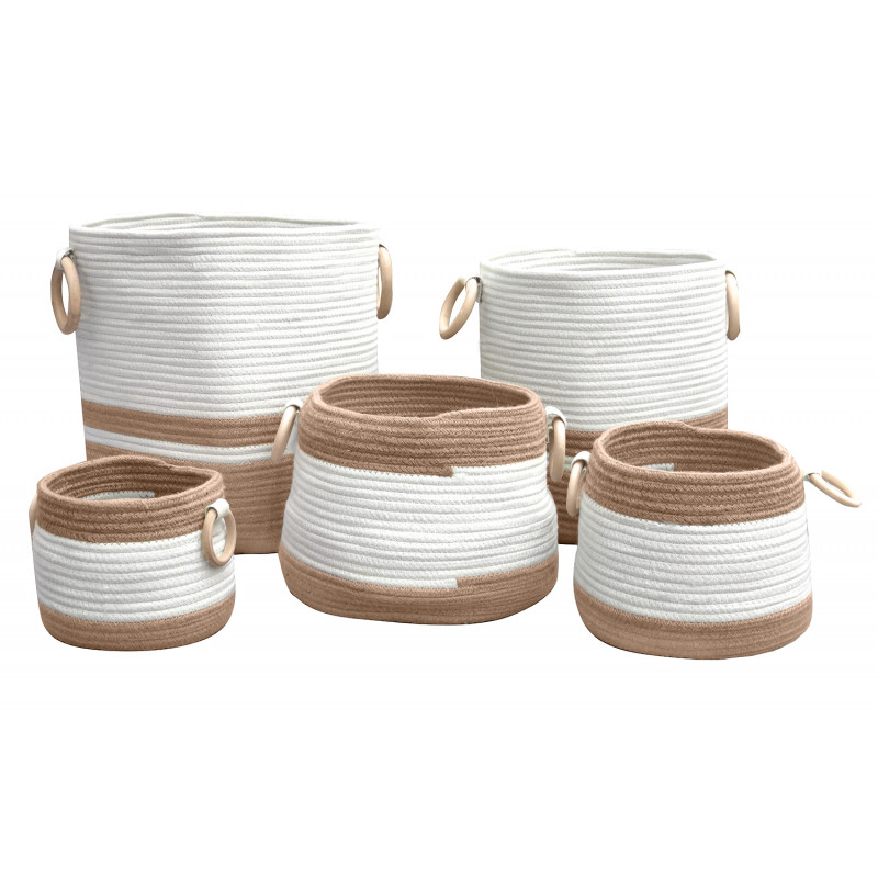 Lot de 5 paniers à linge rond marron et blanc Lot de 5 paniers à linge rond marron et blanc