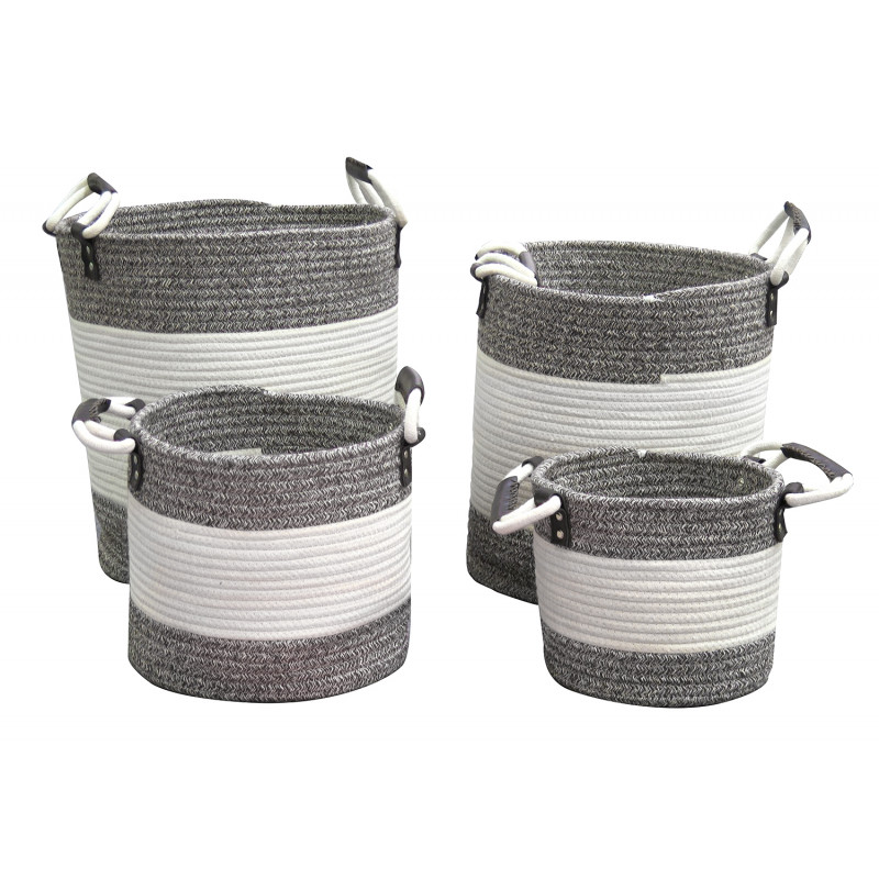Lot de 4 paniers à linge rond en corde de coton gris et blanc Lot de 4 paniers à linge rond en corde de coton gris et blanc