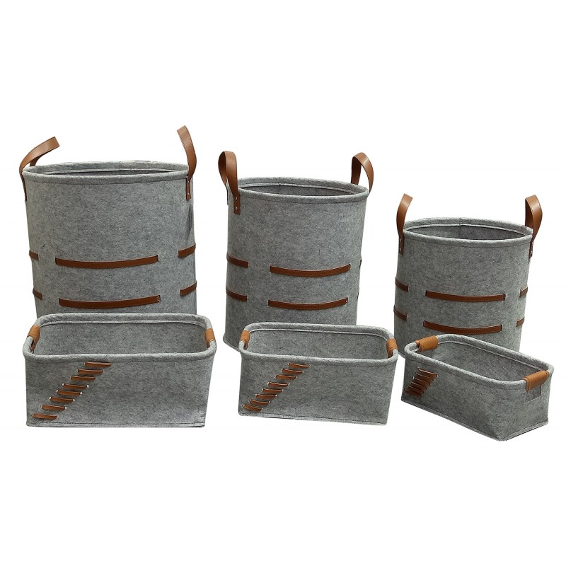 Lot de 6 corbeilles rondes et rectangulaires en feutre gris Lot de 6 corbeilles rondes et rectangulaires en feutre gris