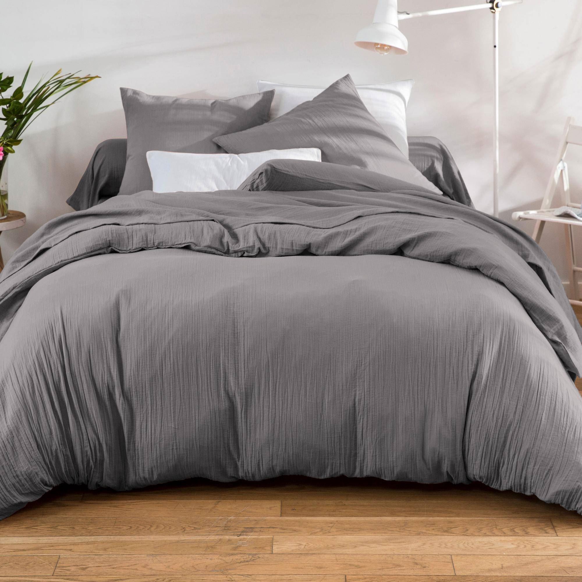Drap-housse 90x200 en gaze de coton gris anthracite (photo) Drap-housse 90x200 en gaze de coton gris anthracite