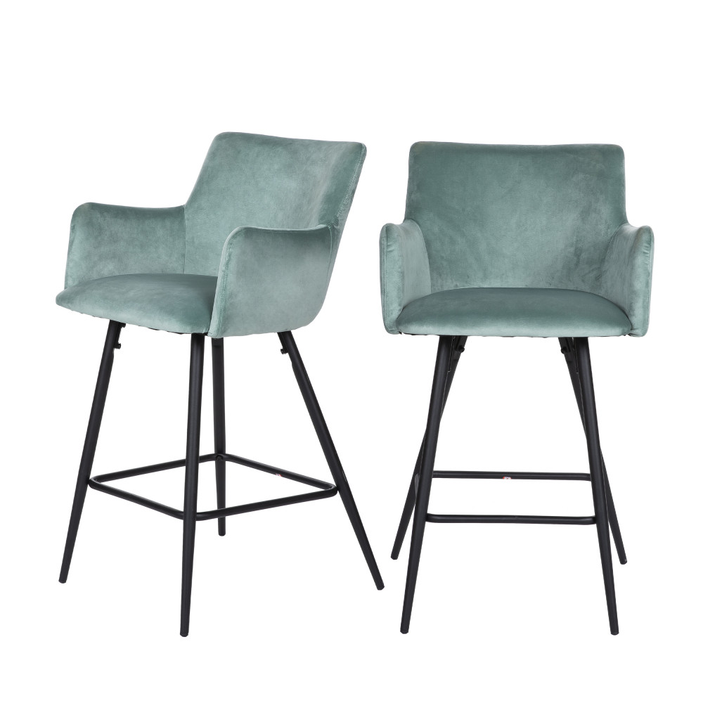 2 chaises de bar en métal et velours vert d'eau (photo) 2 chaises de bar en métal et velours vert d'eau