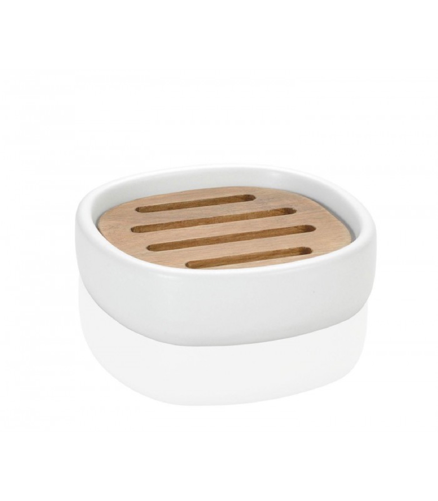 Porte savon en céramique blanche et acacia Porte savon en céramique blanche et acacia