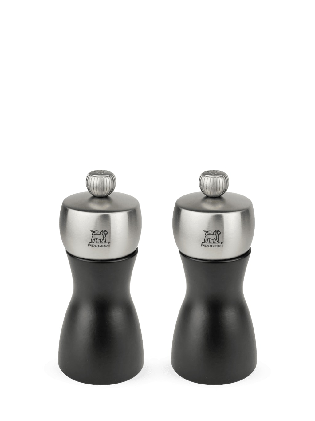 Duo de moulins à poivre et sel en bois noir et inox H12cm (photo) Duo de moulins à poivre et sel en bois noir et inox H12cm