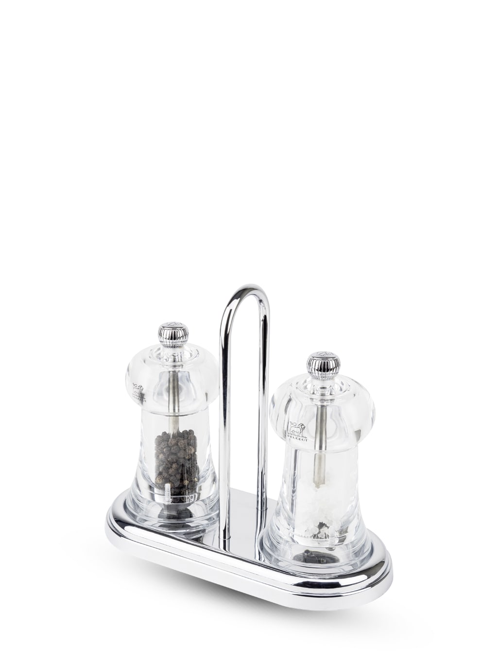Duo moulins poivre et sel manuels acryl sur plateau H11cm Duo moulins poivre et sel manuels acryl sur plateau H11cm