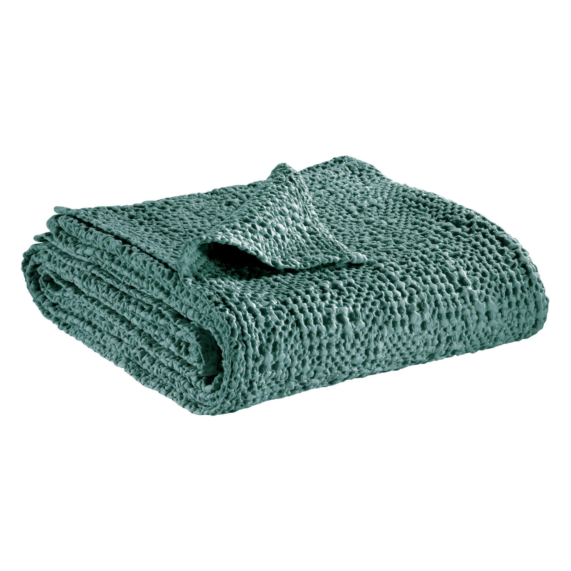 Jeté stonewashed en coton vert de gris 260 x 260 (photo) Jeté stonewashed en coton vert de gris 260 x 260
