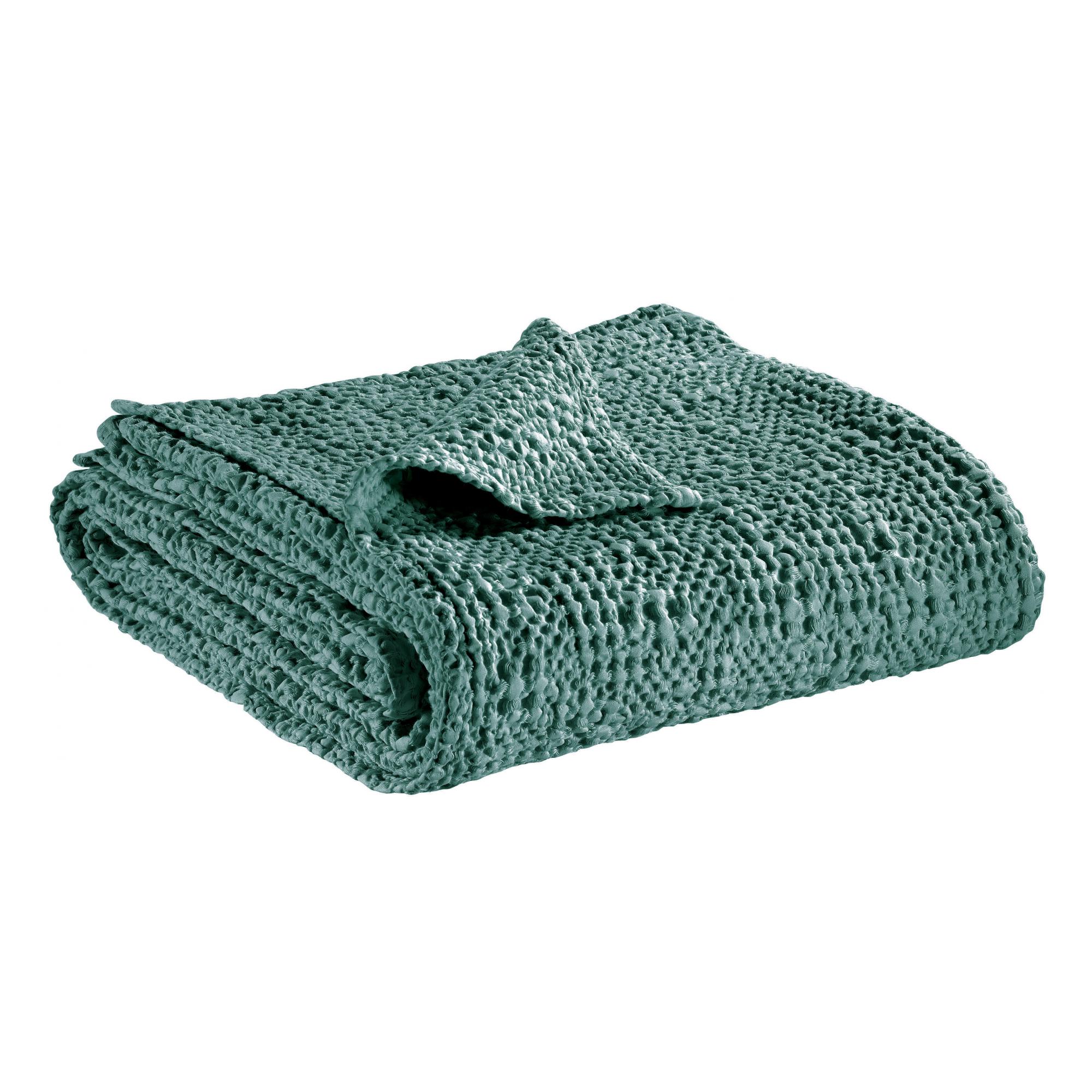 Jeté stonewashed en coton vert de gris 240 x 260 (photo) Jeté stonewashed en coton vert de gris 240 x 260