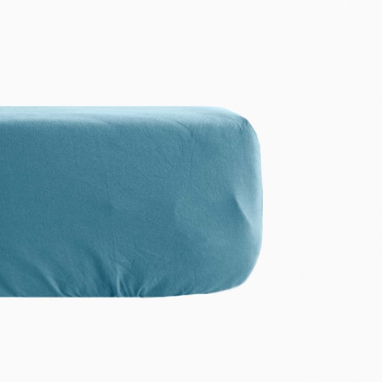 Drap housse en lin coton bleu 140x190