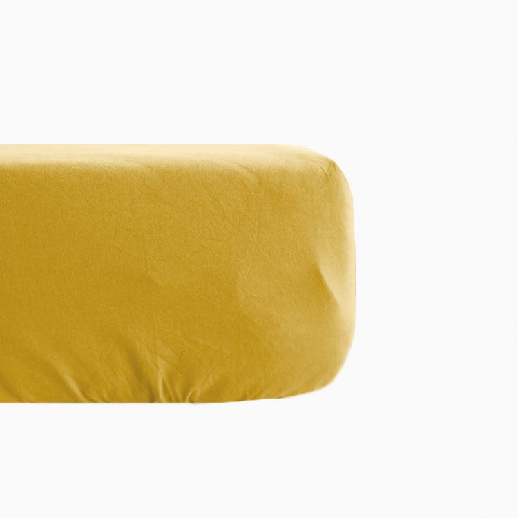Drap housse en lin coton jaune 160x200 (photo) Drap housse en lin coton jaune 160x200