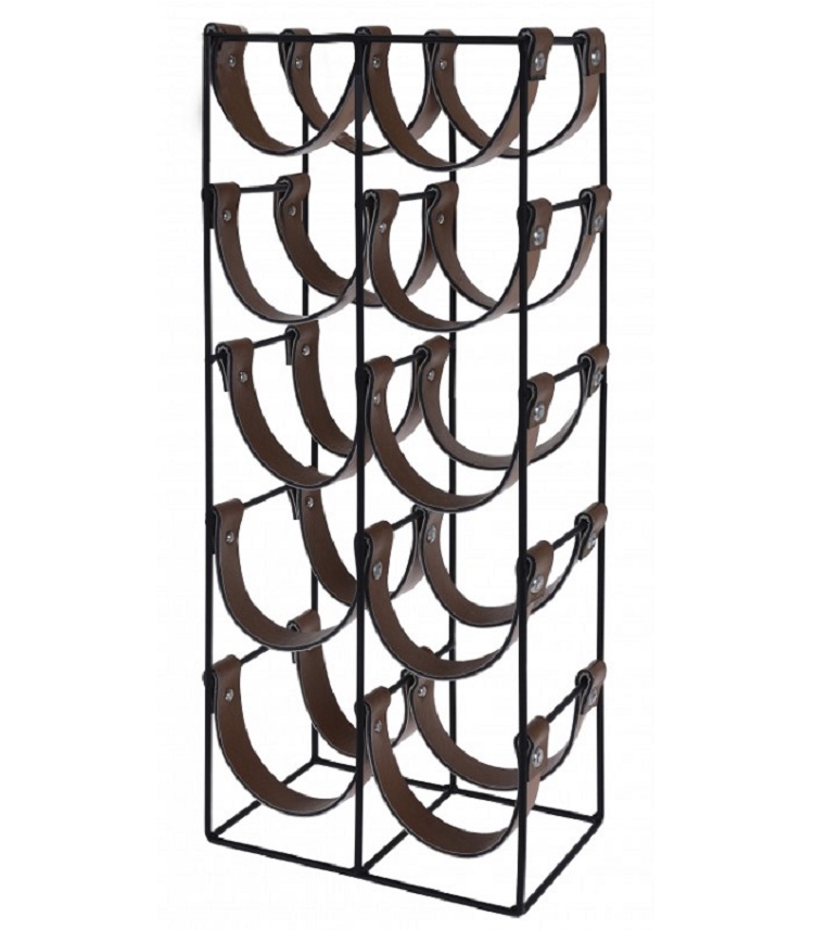 Porte bouteilles métal noir et similicuir marron 10 bouteilles H60cm (photo) Porte bouteilles métal noir et similicuir marron 10 bouteilles H60cm