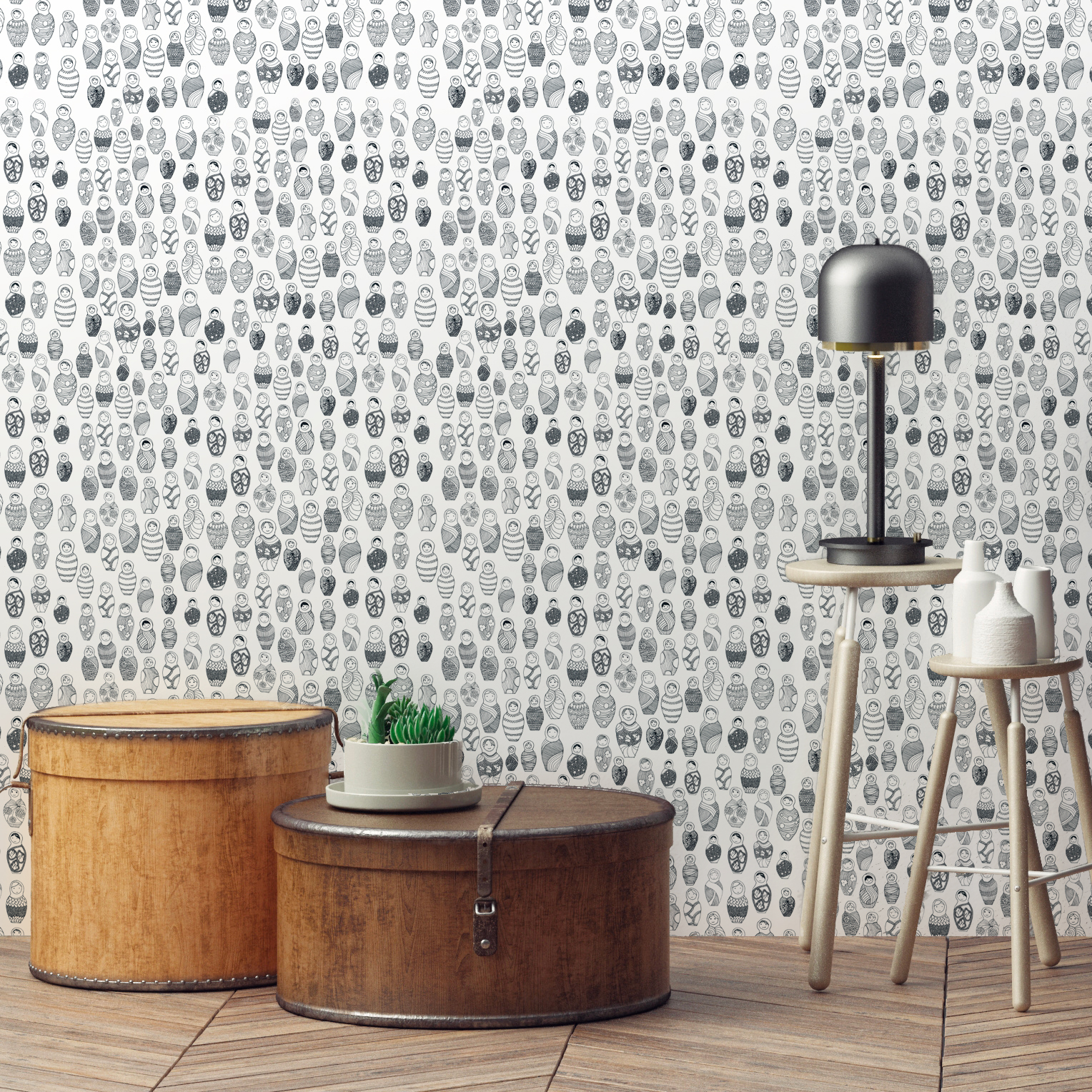 Papier peint noir et blanc imprimé matriochkas Papier peint noir et blanc imprimé matriochkas