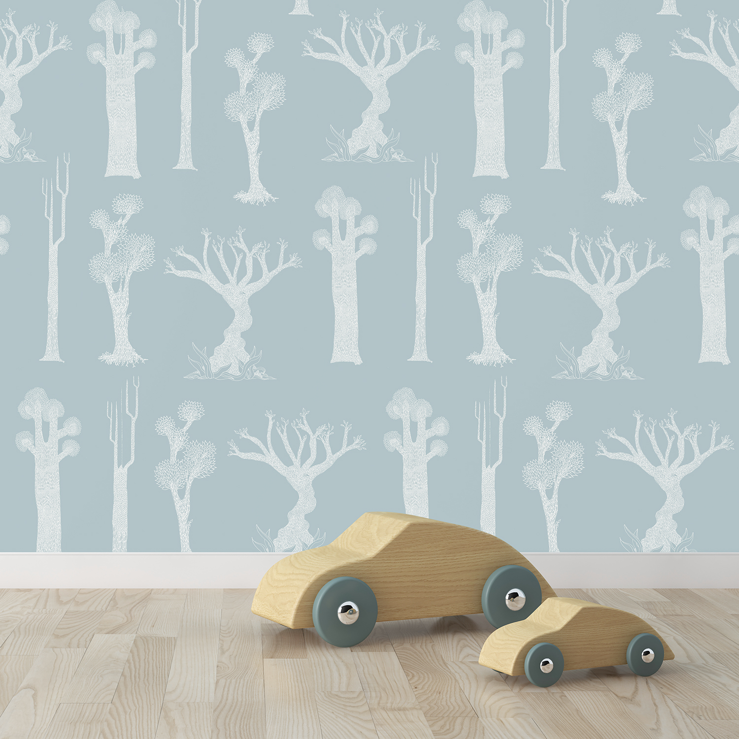 FORET - Papier peint bleu gris imprimé nature