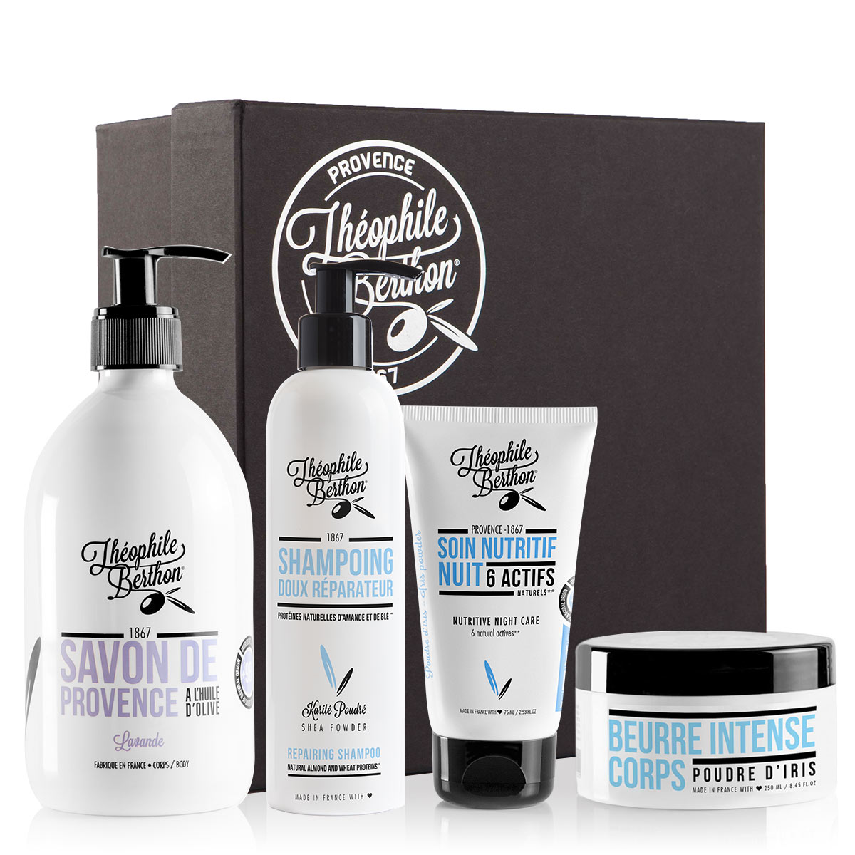 Coffret 4 soins corps cheveux et visage peau sèche Coffret 4 soins corps cheveux et visage peau sèche