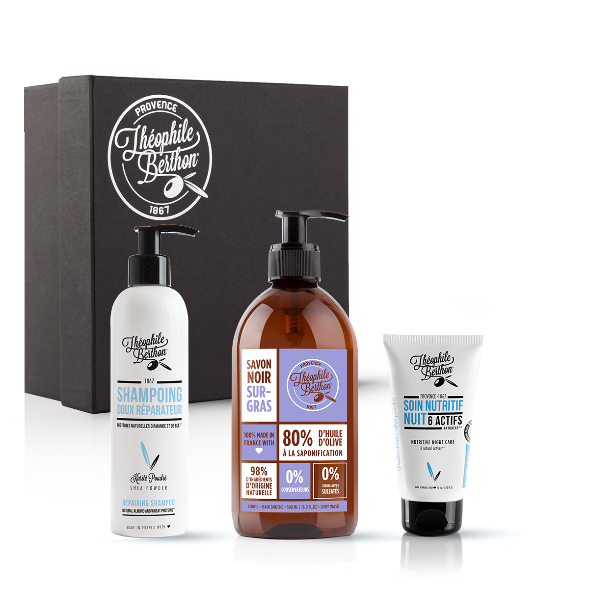 Coffret soin visage shampoing et savon liquide de Marseille (photo) Coffret soin visage shampoing et savon liquide de Marseille
