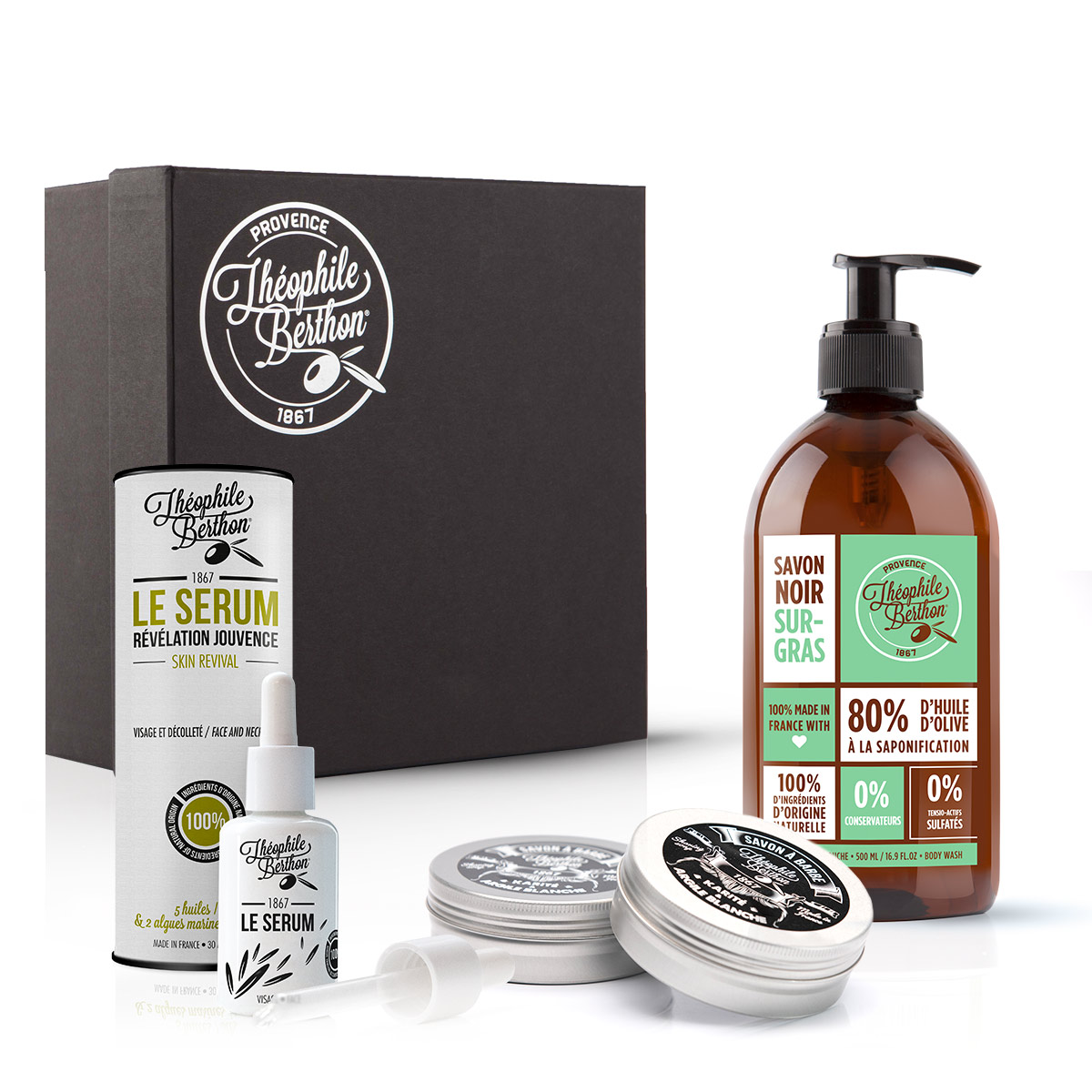 Coffret savon à barbe sérum visage et savon Marseille (photo) Coffret savon à barbe sérum visage et savon Marseille