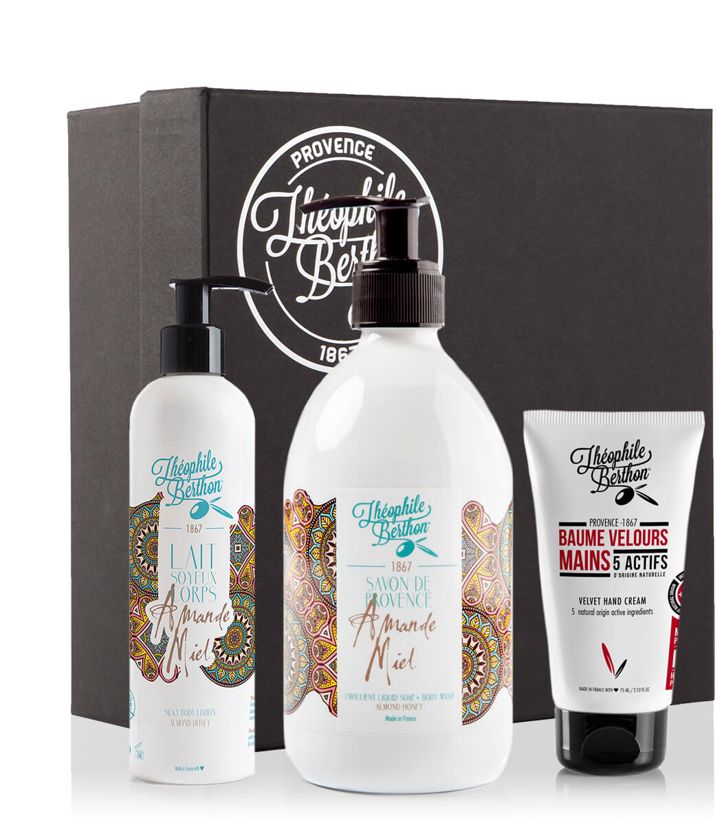 Coffret baume main lait corps et savon douche parfum amande miel (photo) Coffret baume main lait corps et savon douche parfum amande miel