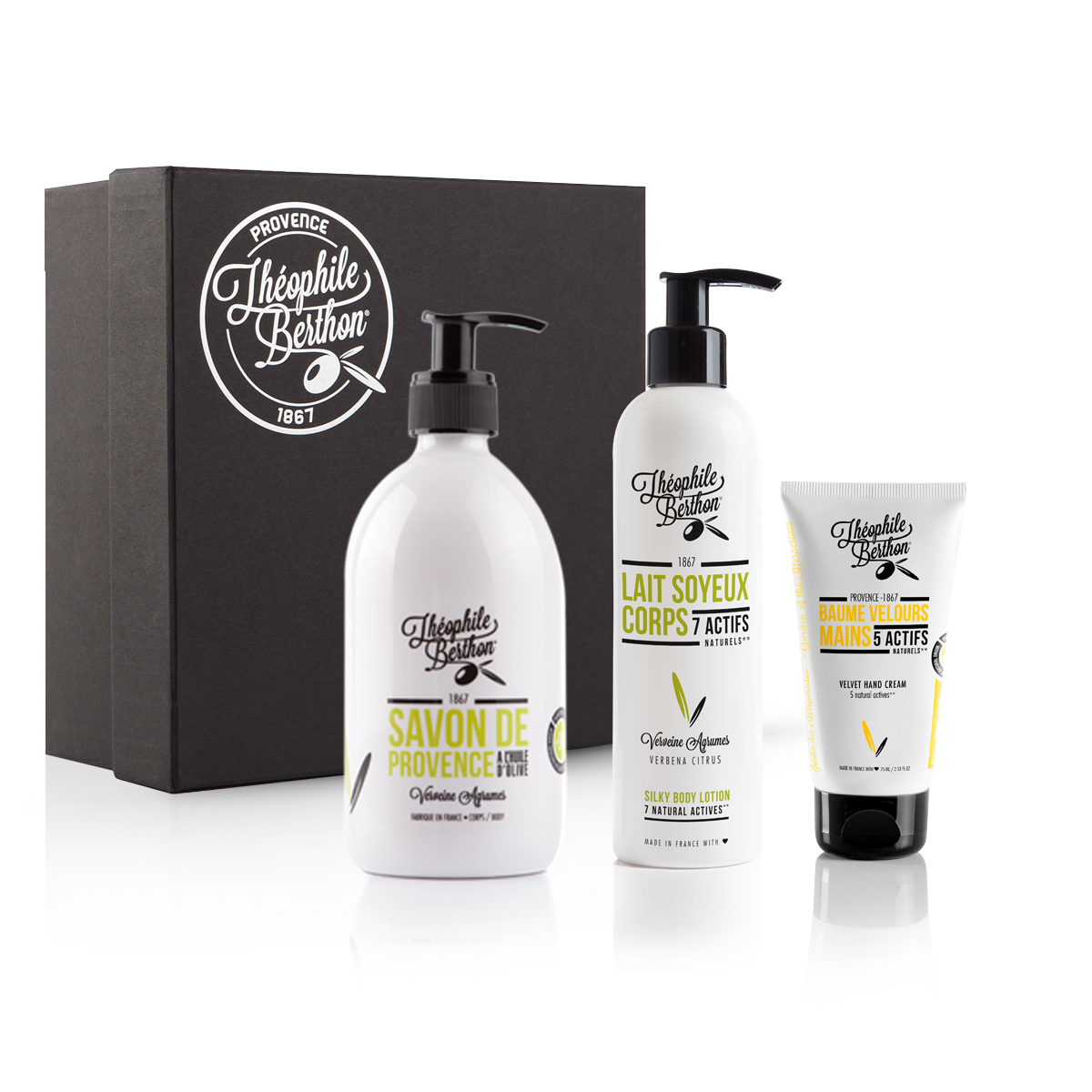 Coffret agrumes avec baume mains et savon douche olive Coffret agrumes avec baume mains et savon douche olive