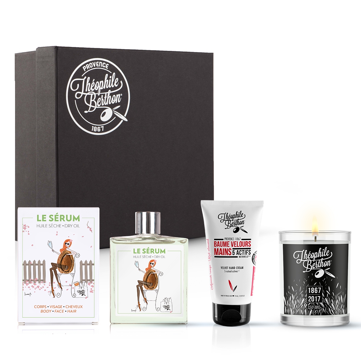 Coffret amande avec huile sèche baume mains et bougie (photo) Coffret amande avec huile sèche baume mains et bougie