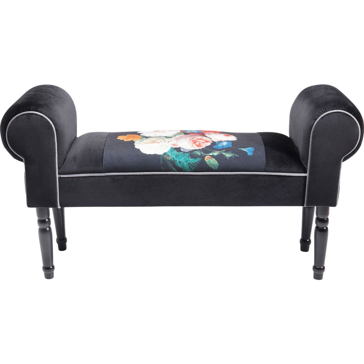 Banc 1 place velours noir imprimés fleurs et hêtre massif (photo) Banc 1 place velours noir imprimés fleurs et hêtre massif