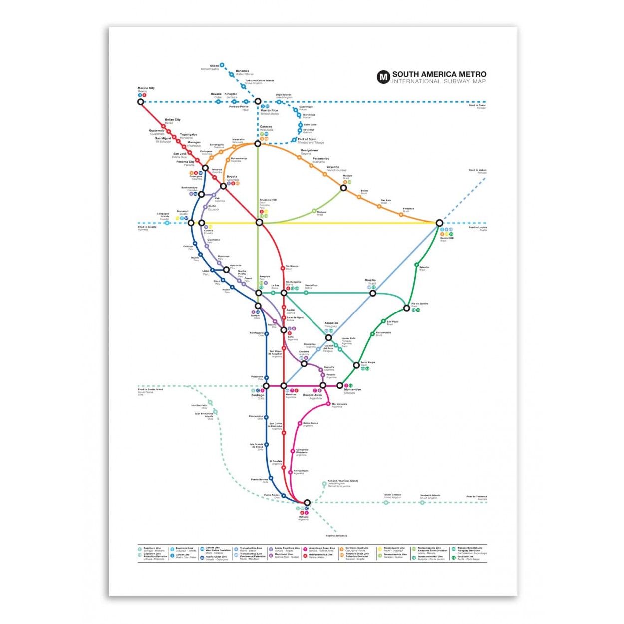 SOUTH AMERICA METRO MAP - Affiche d'art 50 x 70 cm SOUTH AMERICA METRO MAP - Affiche d'art 50 x 70 cm