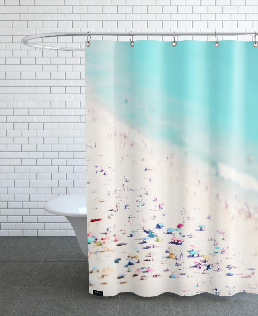 rideau de douche en polyester en blanc ivoire & turquoise 150x200