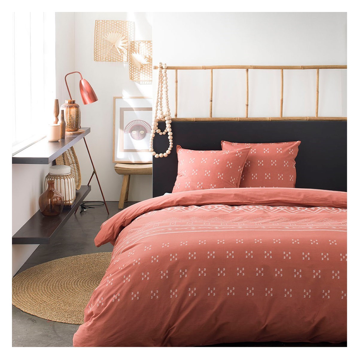 Parure de lit 2 personnes imprimé en Coton Orange 240x260 cm Parure de lit 2 personnes imprimé en Coton Orange 240x260 cm