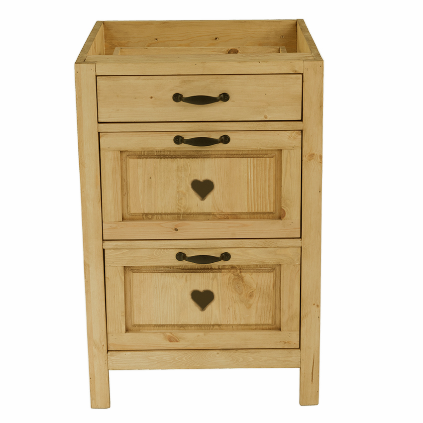 Meuble bas pin massif 60 cm 3 tiroirs avec coeur Meuble bas pin massif 60 cm 3 tiroirs avec coeur